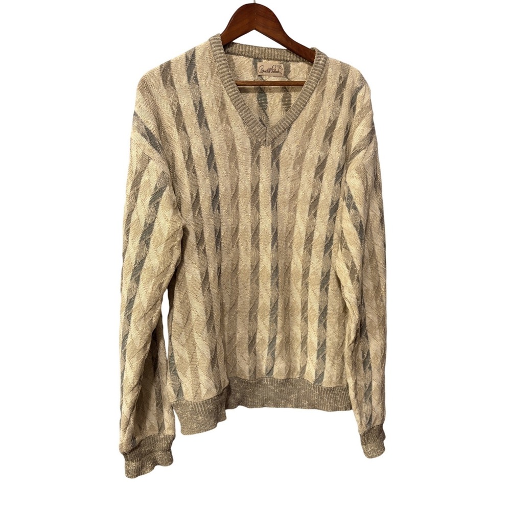 Arnold Palmer Mens V-Neck Sweater Beige Grey Diamond Knit Stripe Long Sleeve